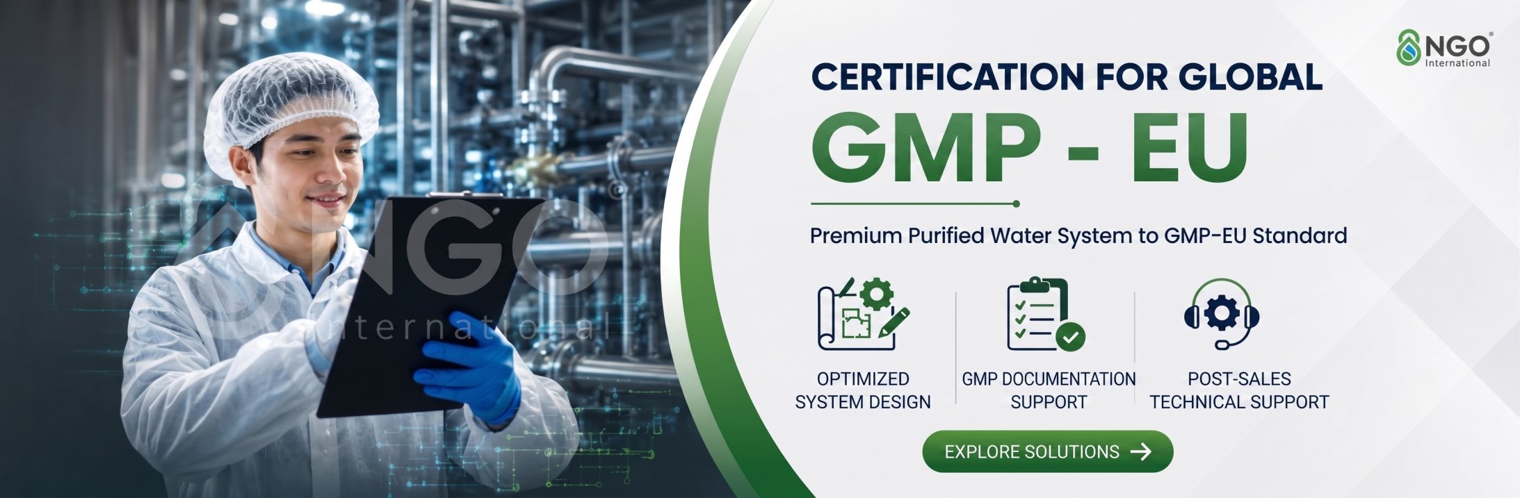 Technician inspecting a GMP-EU compliant purified water system for a pharmaceutical plant