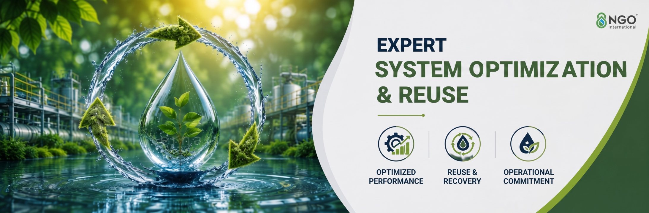 Water droplet inside a green circular-economy loop – NGO Environment, expert in wastewater system optimization and reuse