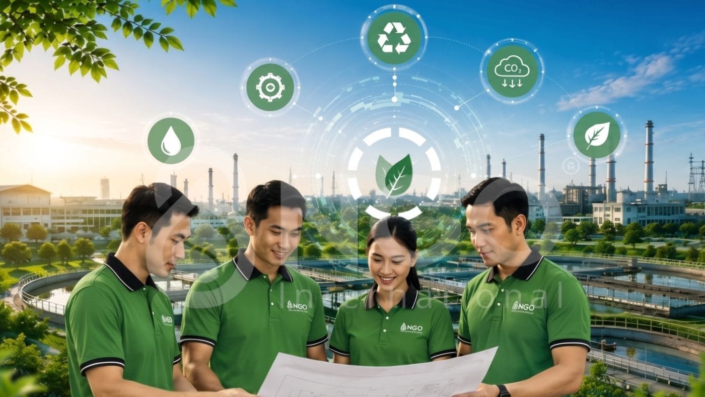 专业且敬业的运营管理服务 Đội kỹ sư NGO Environment trao đổi bản vẽ trước trạm xử lý nước thải – dịch vụ quản lý vận hành