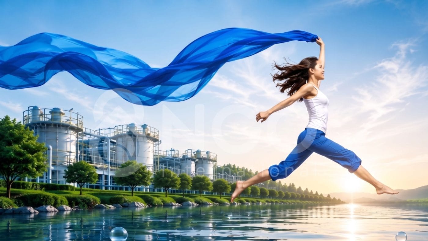 纺织印染与工业洗涤废水脱色处理的突破 Dải lụa xanh bay trên mặt nước bên nhà máy – giải pháp xử lý nước thải dệt nhuộm của NGO Environment