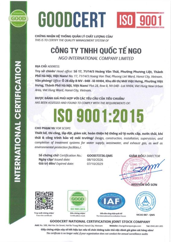 Giấy chứng nhận ISO 9001:2015 – Công ty TNHH Quốc tế NGO – GOOD73726.QMS